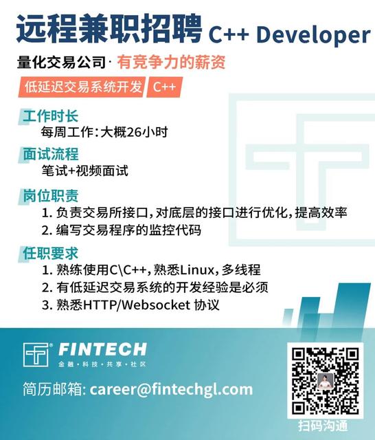 [FinTech 社区] 远程兼职招聘： C++ Developer-有竞争力的薪资
